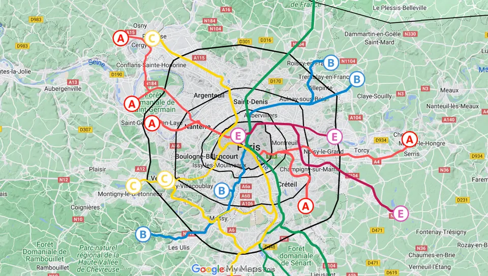 Paris RER bölgelerini gösteren Google haritası.
