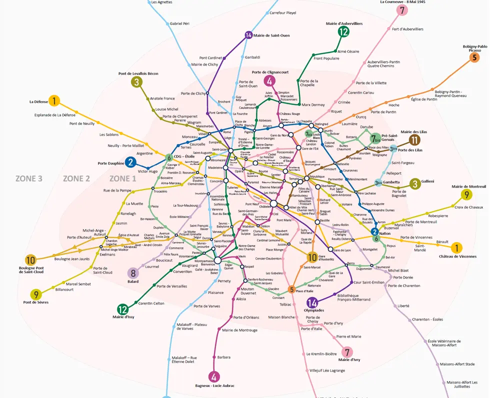 Paris-Metro-harita-bölge-1-3. Paris Metro bölgeleri harita üzerinde işaretlenmiştir.